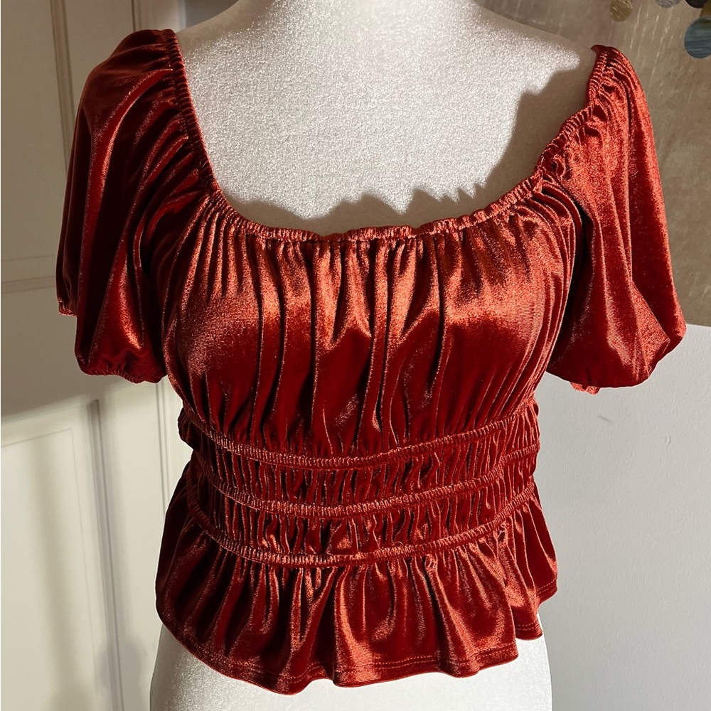 ROW A Women’s Burnt Velvet Tiered Hem Stretch Crop Top Shirt Medium Nordstrom - Picture 3 of 12